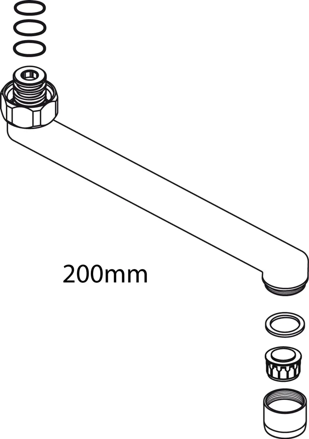 Rohrauslauf von Ideal Standard mit Anschlussstück und Dichtungen, abgewinkelt und 200 mm lang. Ideal für sanitäre Anwendungen.